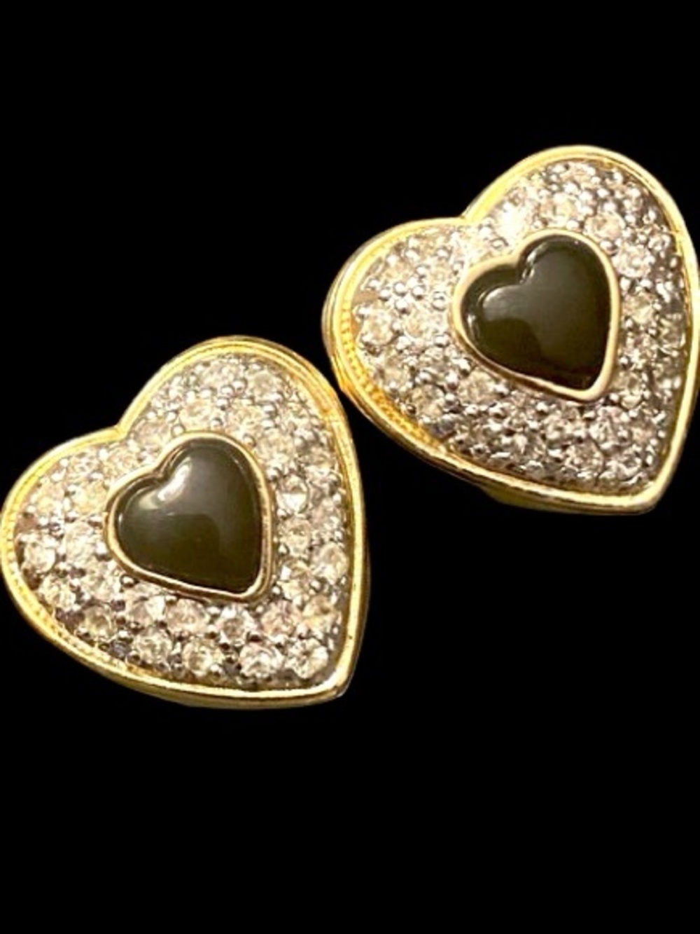 Vintage Judith Leiber Glass & Crystal Jeweled Heart Clip-On Earrings Black Stone